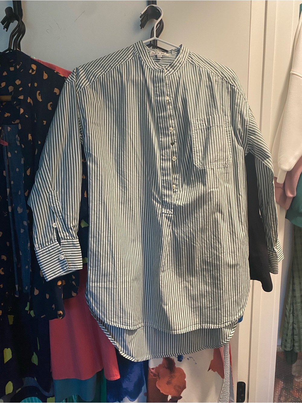 Alex Mill Green and White Striped Mandarin-Collar Shirt - Size XS